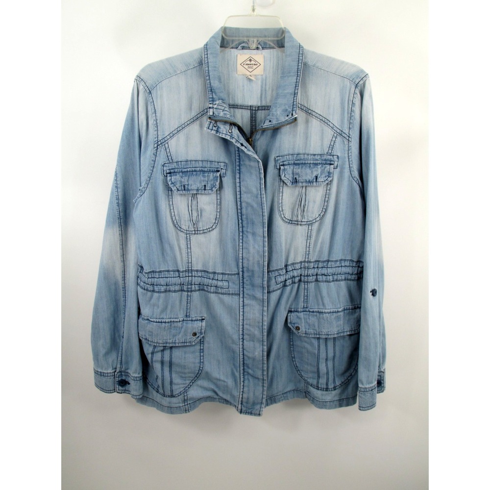 St. Johns Bay Womens XL Light Denim Jacket Full Zip Tab Sleeve Y2K Blue Jean